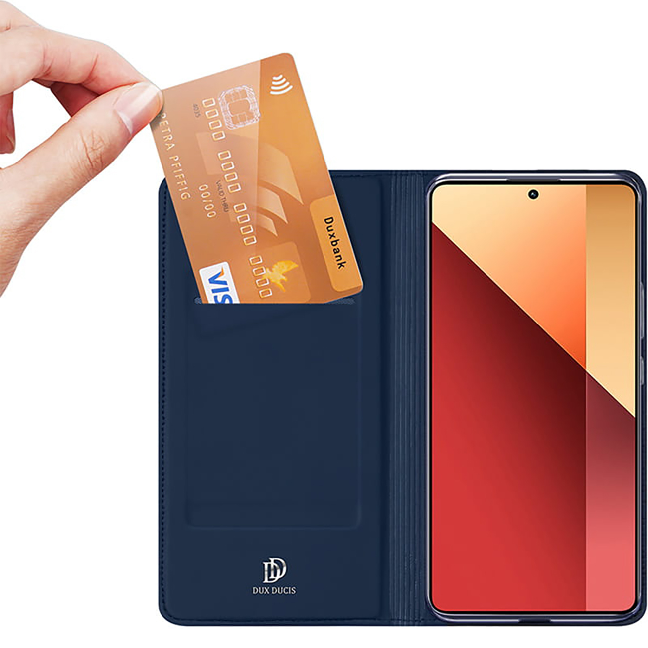 A hand inserting a card into the pocket of the Dux Ducis Skin Pro case