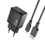 Dudao A23LEU 2,4A GaN EU USB-A Wandladegerät mit USB-A-auf- Lightning Kabel – Schwarz