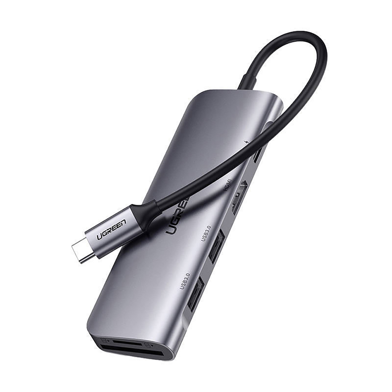 Adapter Ugreen CM195 15214 ze złączami USB-C - HDMI / 2x USB-A 3.0 / USB-C 3.0 / czytnik SD / TF na białym tle