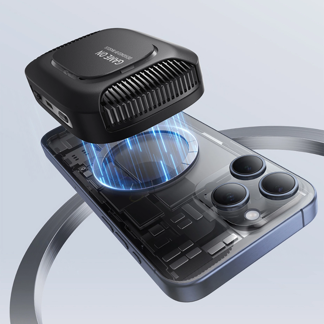 Phone connected with strong magnets to the Baseus MagPro II smartphone cooling fan with inductive charging