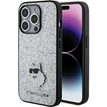 Karl Lagerfeld Feste Glitzer-Choupette-Logo-Metallnadelhülle für iPhone 15 Pro – Silber