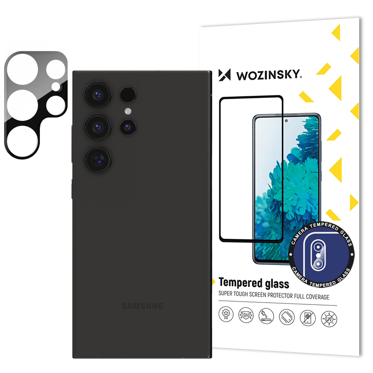 Tempered glass 9H Wozinsky Full Camera Glass on white background