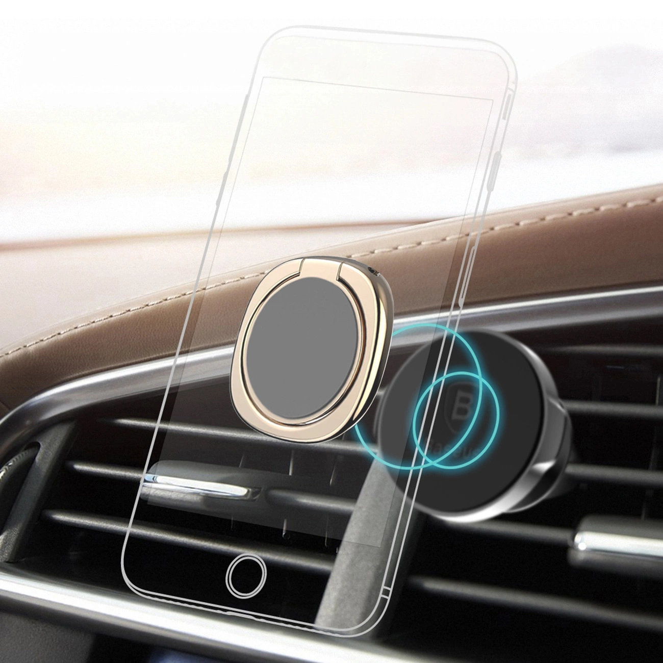 Visualization of attaching the gold Baseus Privity Ring holder to the phone holder in the car's ventilation grill