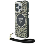 Guess HC IML Leopard Triangle Cord Strap MagSafe Case for iPhone 16 Pro Max - Brown