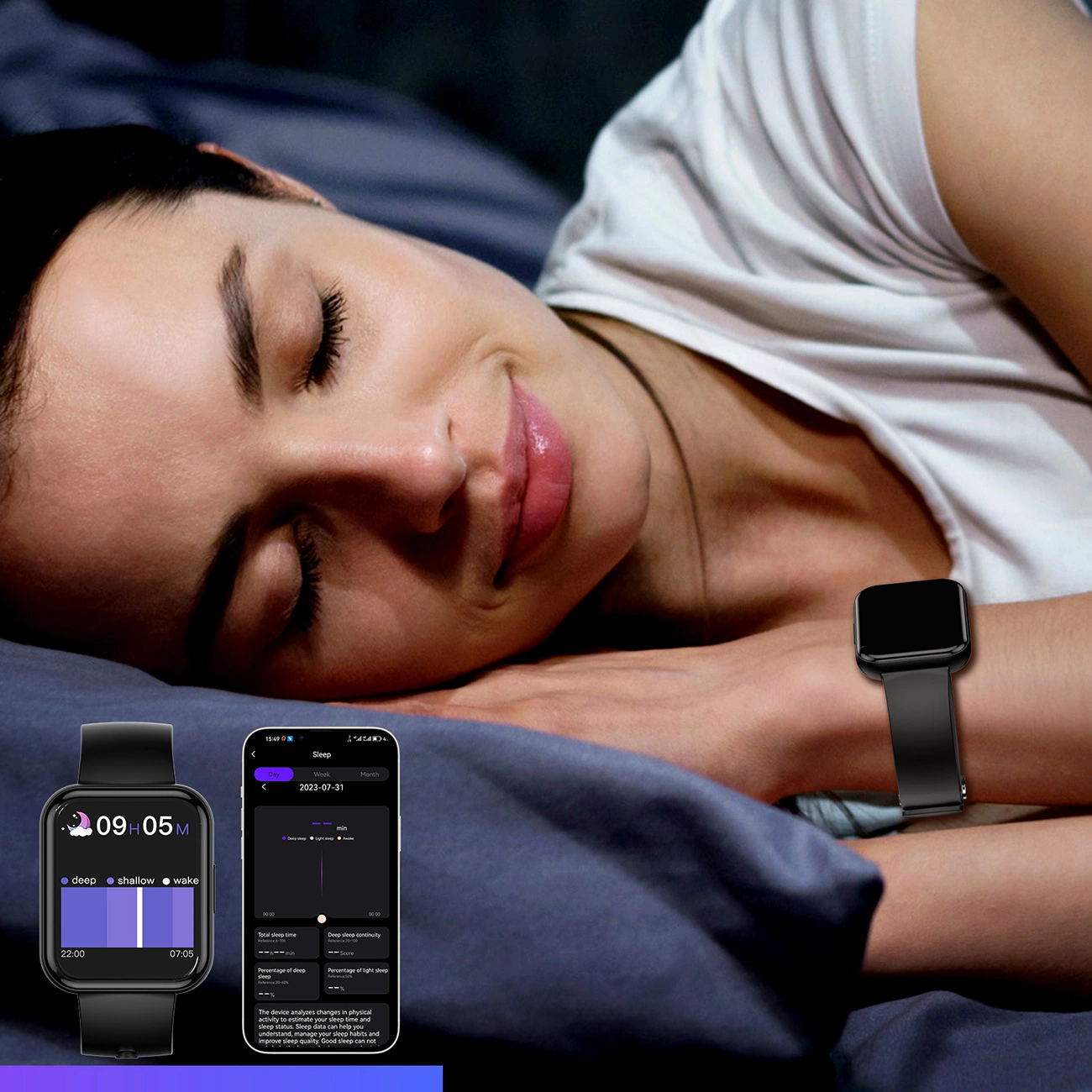 The woman sleeps with a Choetech WT001 smartwatch on her wrist that monitors sleep