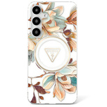 Guess Glitter Flowers Triangle Buttons MagSafe Case for Samsung Galaxy S25 Ultra white