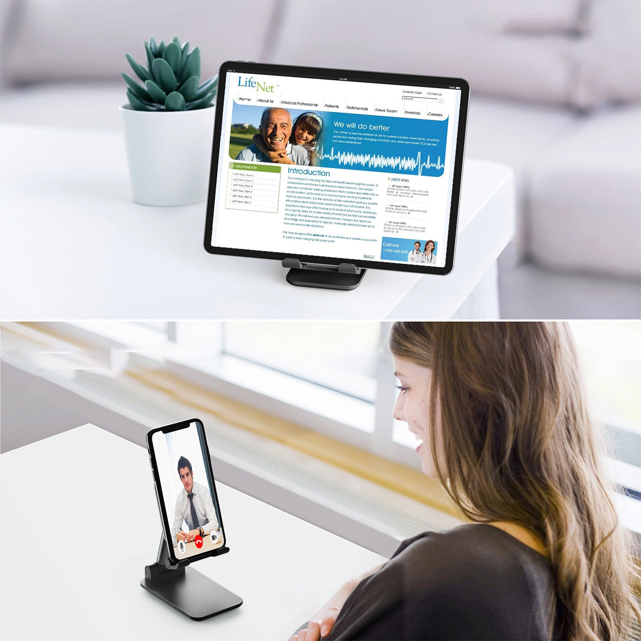 Tablet on a Choetech H8-BK stand standing on a white table with a website displayed, woman making a video call on a smartphone standing on a Choetech H8-BK stand