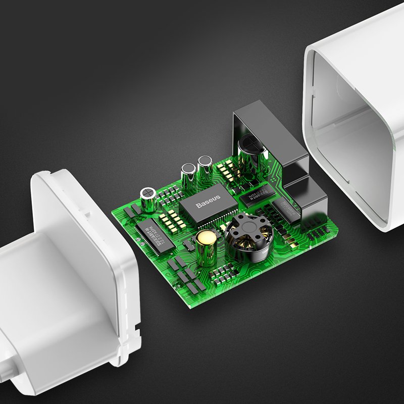 Close-up of the Baseus charger plugged into a socket, with the USB-A port visible