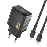 Dudao A26LEU PD 20W GaN USB-C Wandladegerät mit USB-C-auf- Lightning Kabel – Schwarz