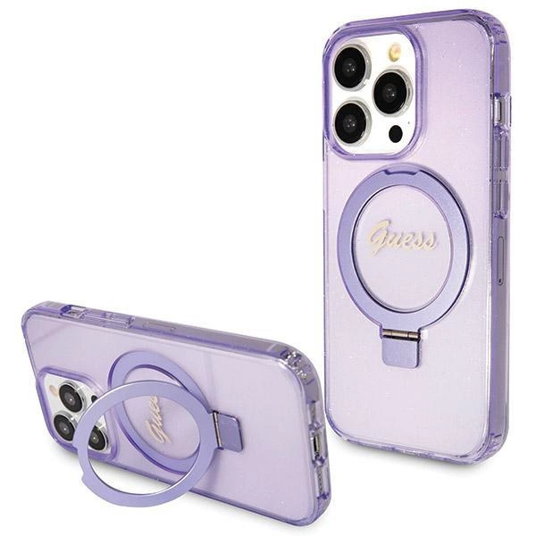 Guess Ring Stand Script Glitter MagSafe case for iPhone 13 Pro Max purple