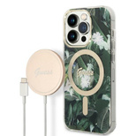 Etui Guess Jungle MagSafe na iPhone 14 Pro Max + ładowarka indukcyjna - zielone