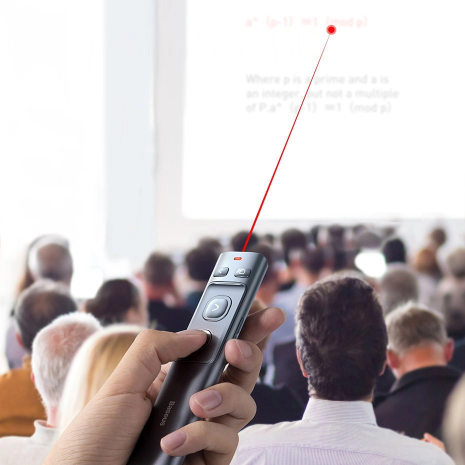 Hand with Baseus Orange Dot laser pointer pointing at the presentation with a laser