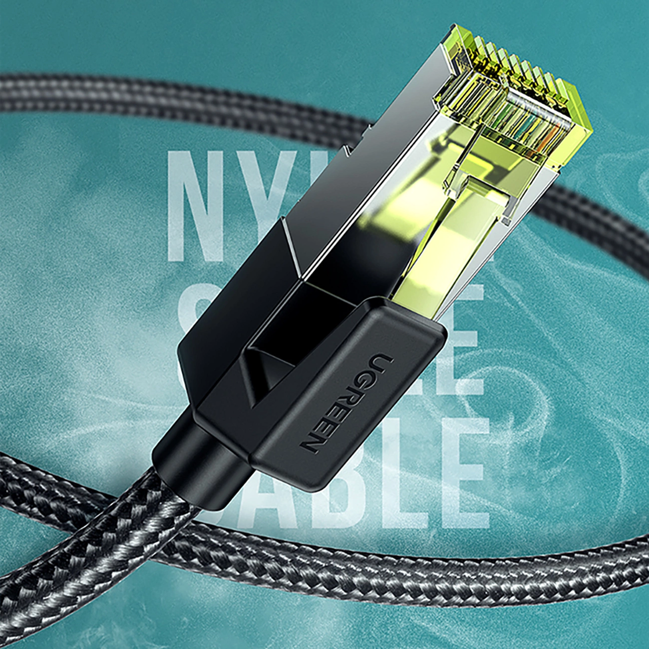 Photo of the end of the Ugreen NW150 network cable on a green frosted background