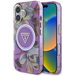 Guess Glitter Flowers Triangle Buttons MagSafe Hülle für iPhone 16 Lila