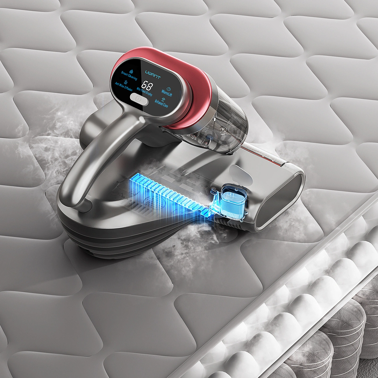 The UWANT M700 vacuum cleaner on the mattress model emits water vapor that penetrates deep into the mattress