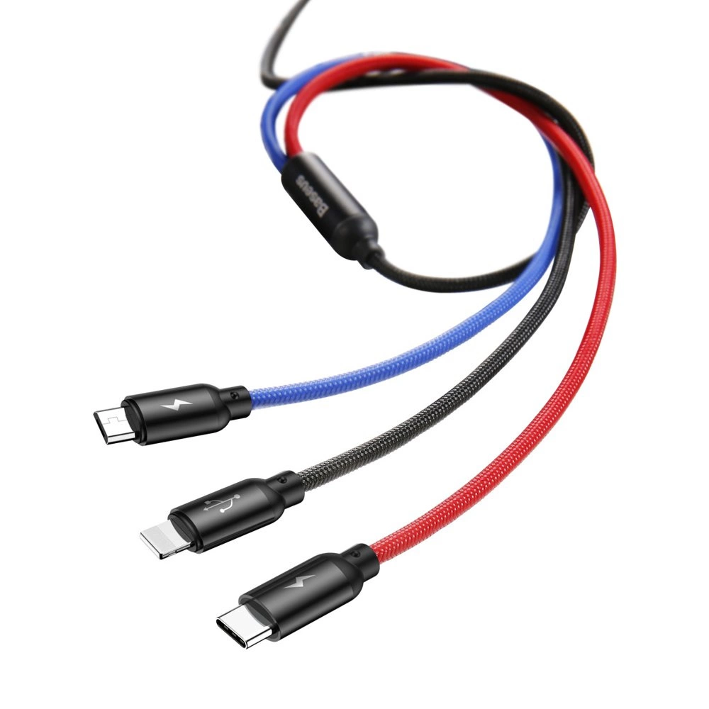 Baseus Three Primary Colors 3in1 USB-A – Micro-USB/Lightning/USB-C 3,5 A Kabel 1,2 m – Schwarz auf weißem Hintergrund