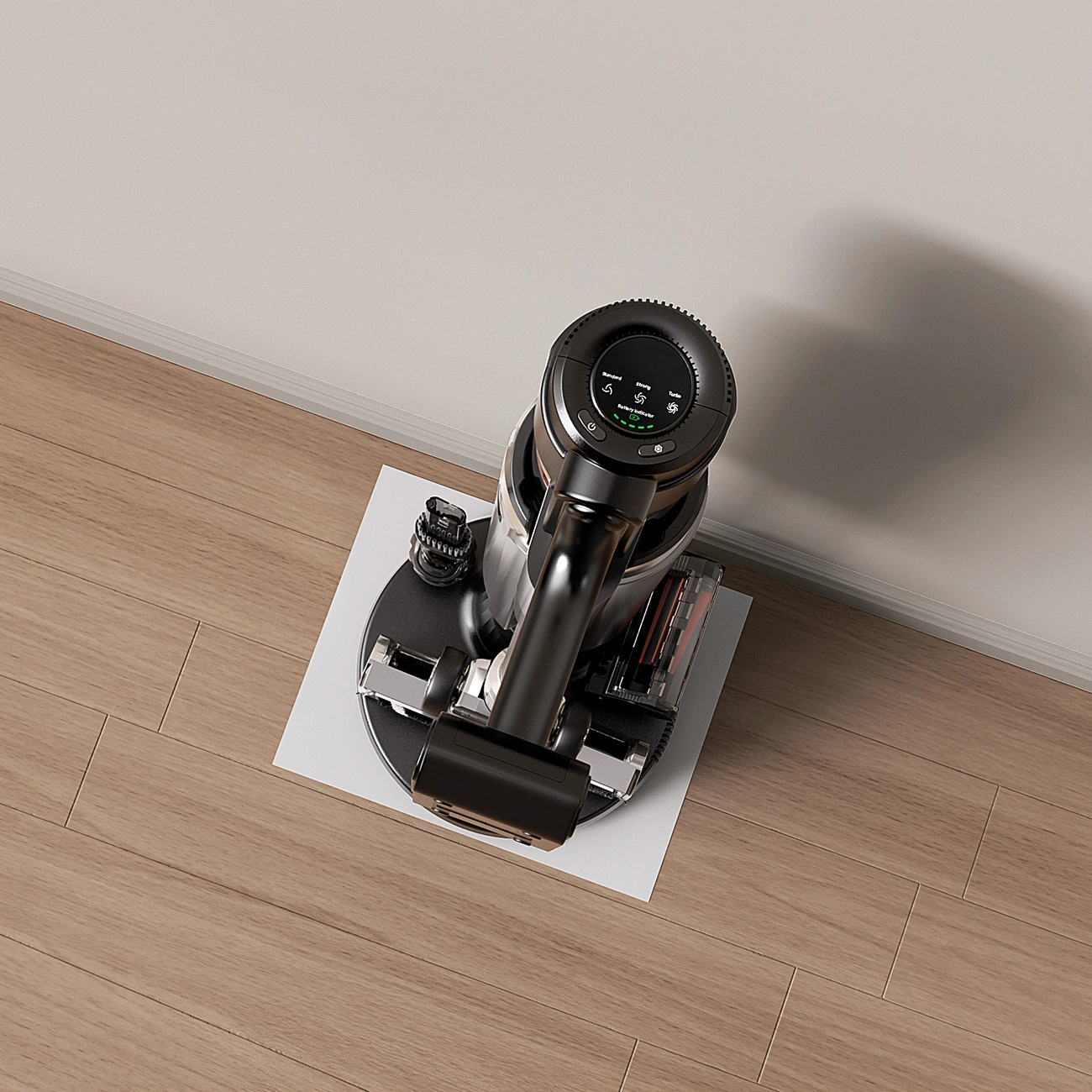 UWANT V600 vacuum cleaner docked in the charging station, top view with visible accessories.
