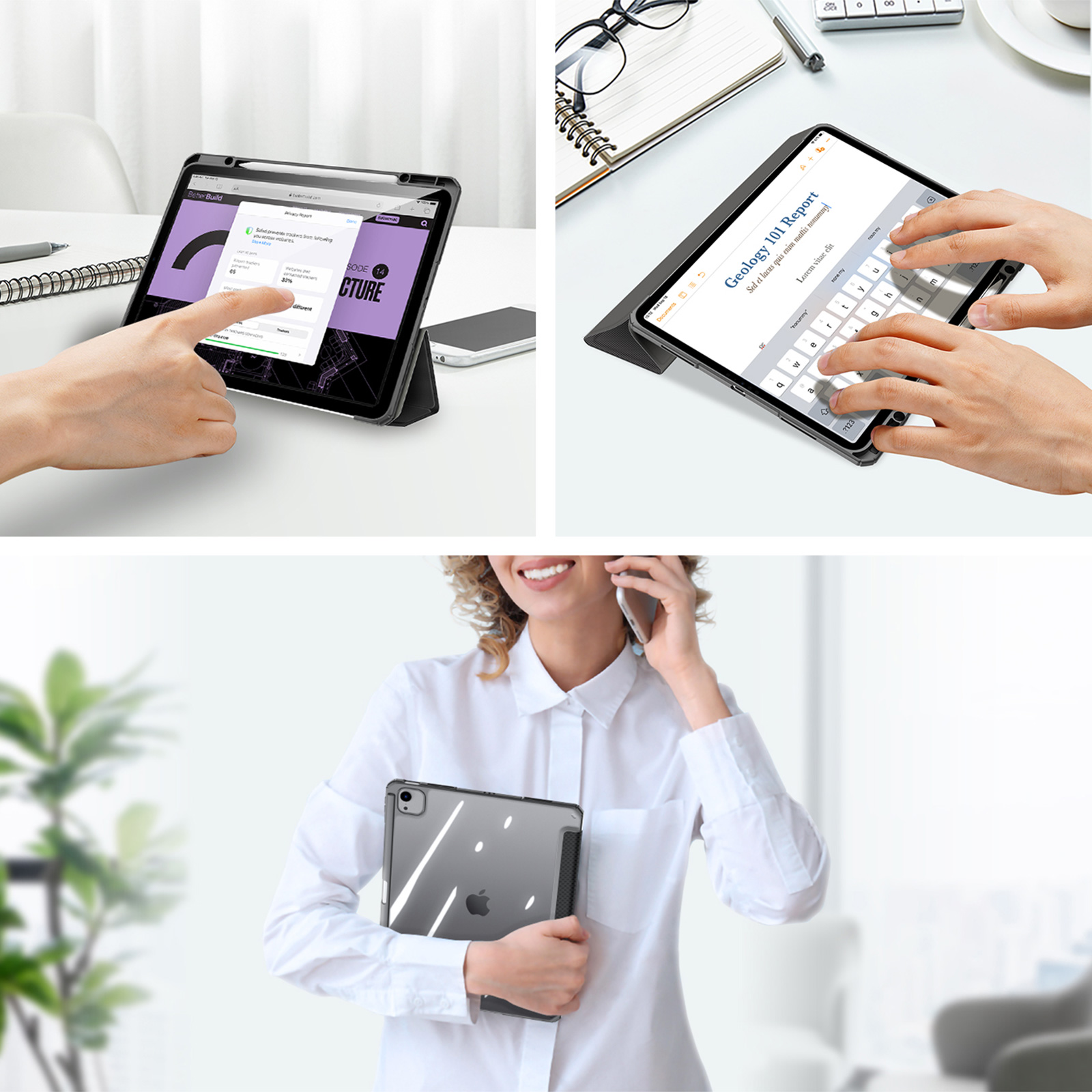 A woman typing on a tablet in a Dux Ducis Toby case with a flap and a stand