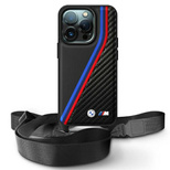 BMW M Edition Carbon Tricolor Lines &amp; Strap Hülle für iPhone 16 Pro – Schwarz