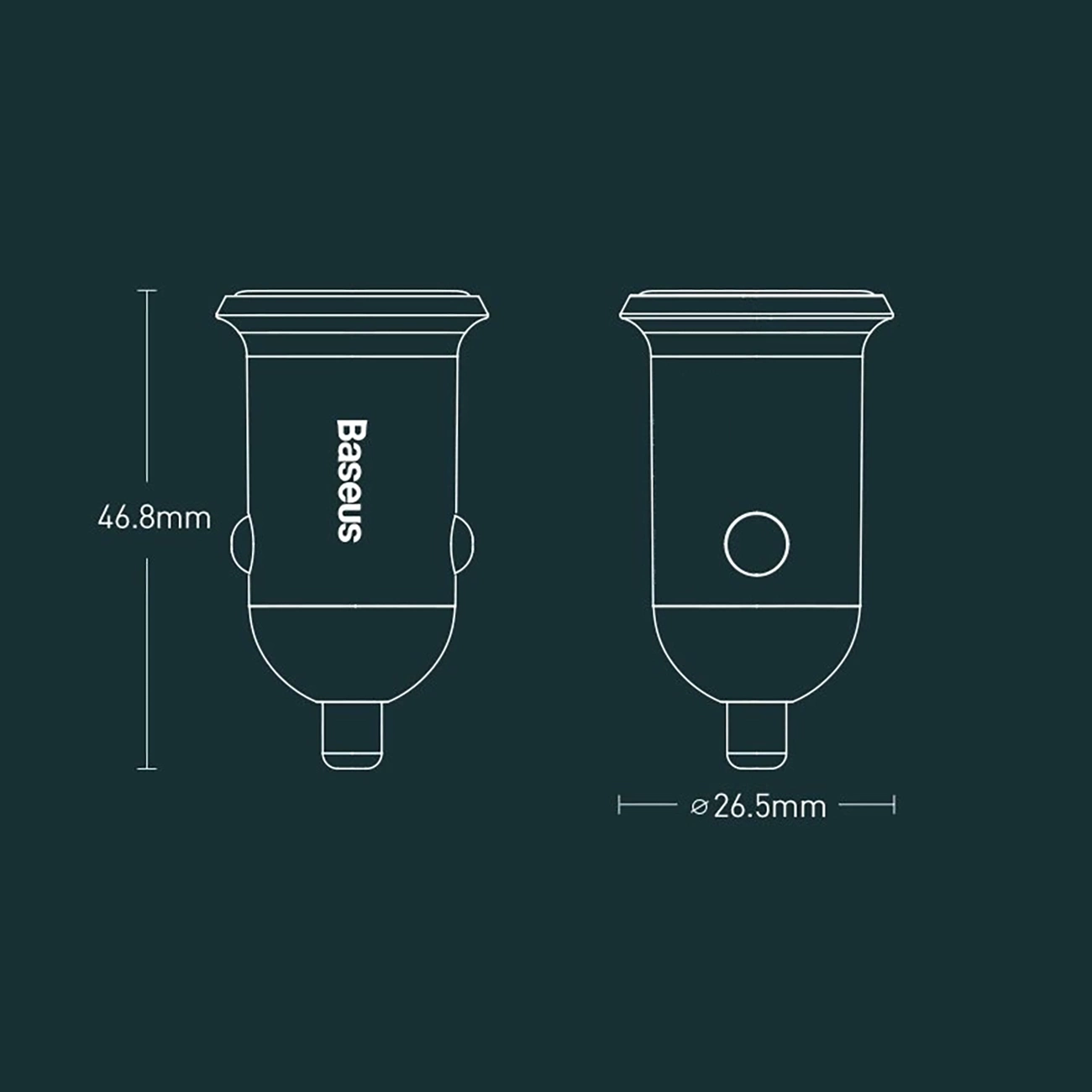 Dimensions of the Baseus Grain Pro car charger. Height 46.8mm and width 26.5mm