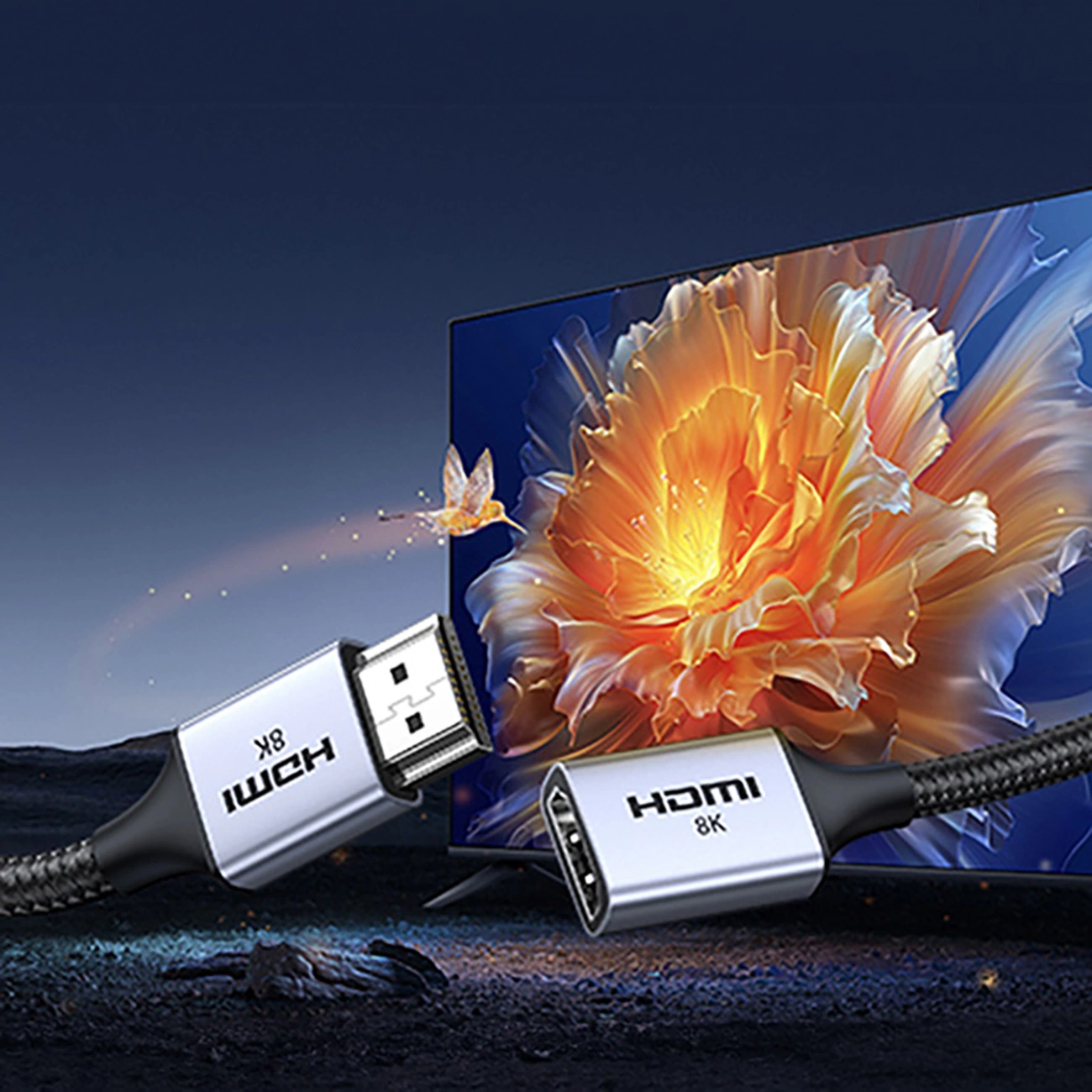 close-up of the ends of the Ugreen HD165 HDMI (male) / HDMI (female) cable against the background of a TV that displays an image of flowers