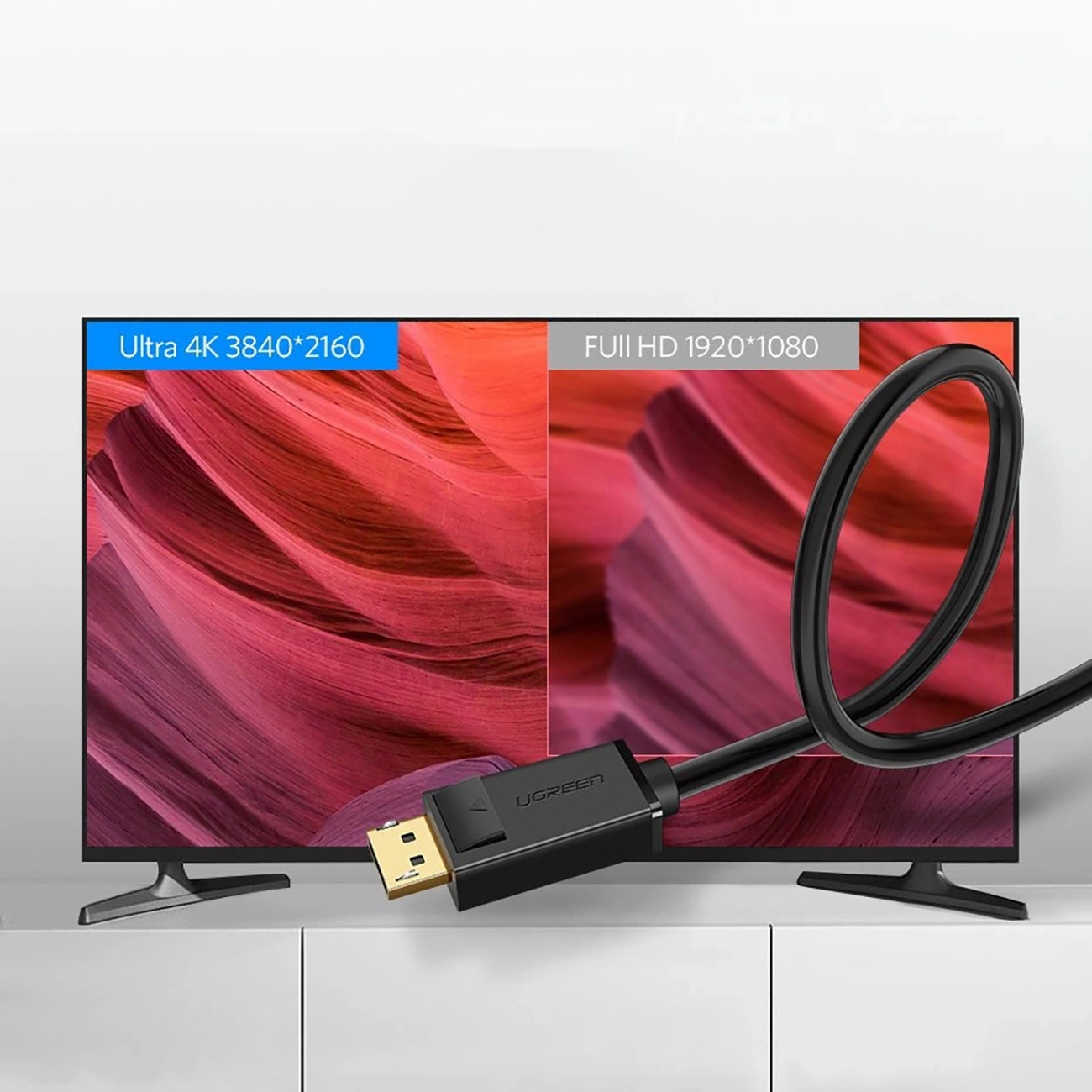 Ugreen DP102-Kabel, angeschlossen an einen Monitor, der ein 4K-Bild anzeigt