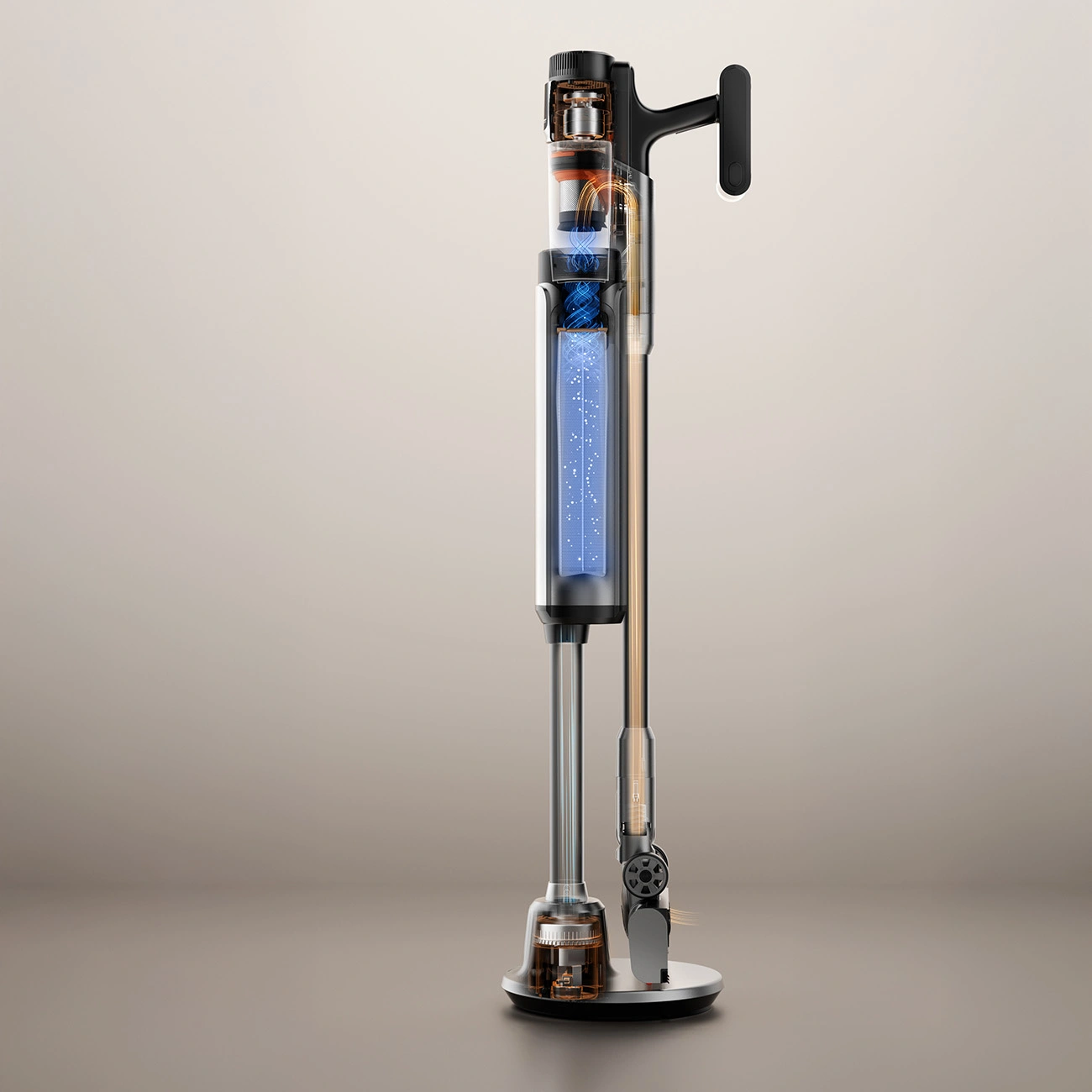 A cross-section of the UWANT V600 vacuum cleaner and docking station shows the contactless emptying process of the vacuum cleaner.