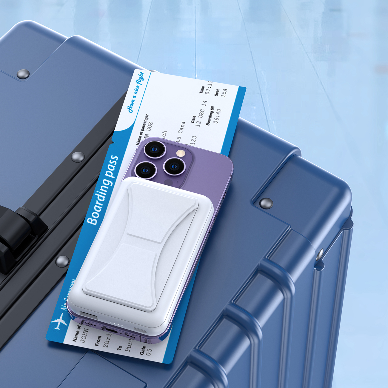 Choetech B663 power bank lying on a plane ticket and suitcase