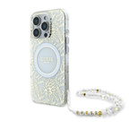 Guess IML Flowers Allover Electro With Pearl Strap MagSafe case for iPhone 16 Pro Max - white