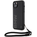 BMW Signature Leder-Wordmark-Cord-Hülle für iPhone 15 Plus / 14 Plus – Schwarz