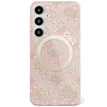 Guess 4G Background Gold Electroplated Peony Pattern MagSafe Case for Samsung Galaxy S25 Ultra Pink