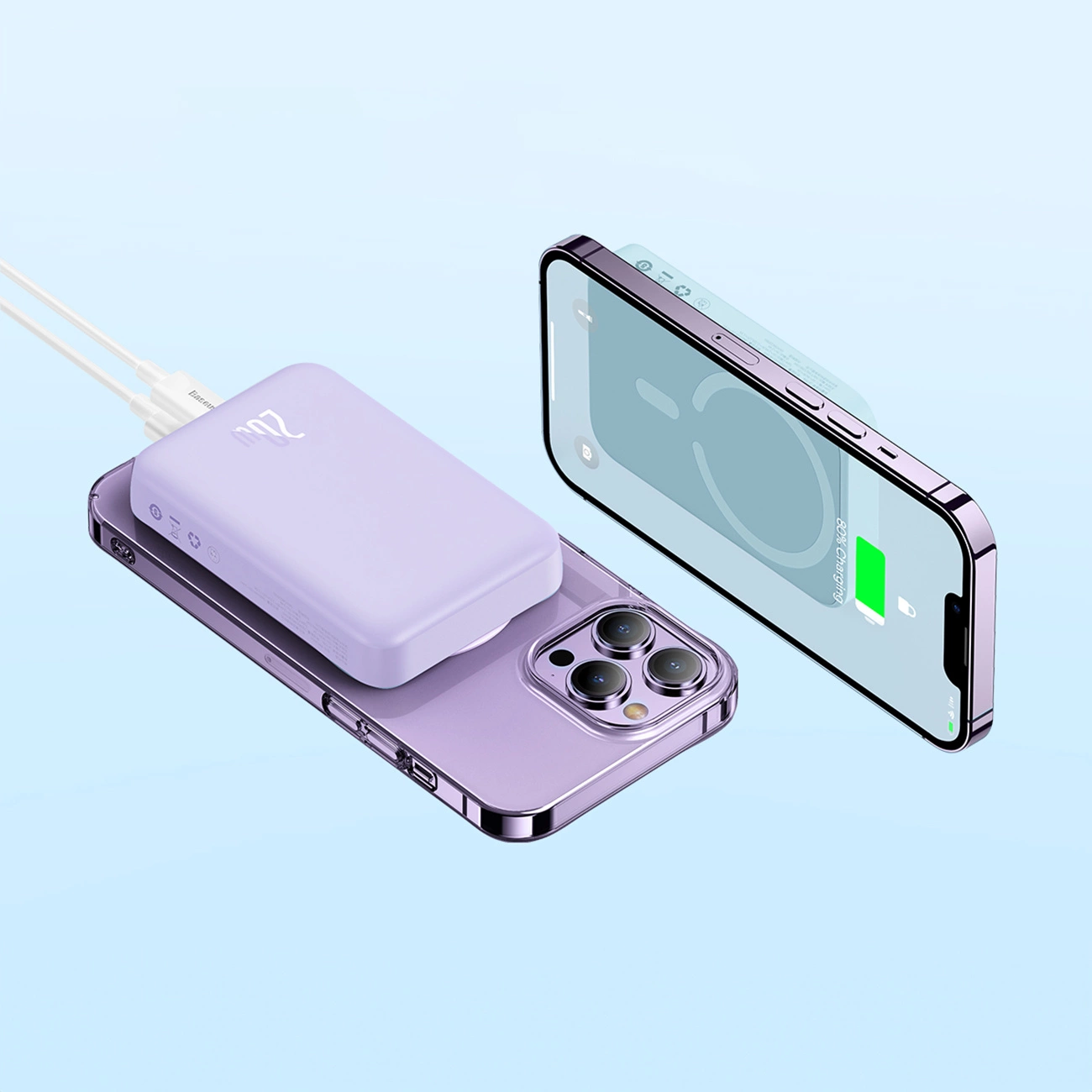 Purple Baseus Magnetic Mini induction Powerbank 10000mAh 20W on a blue background connected to two devices, wired and wireless