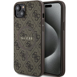 Guess 4G Collection Leder Metall Logo MagSafe Hülle für iPhone 15/14/13 – Braun