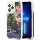 Guess Flower Liquid Glitter Hülle für iPhone 13 Pro Max – Blau