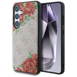 Guess Leather 4G Flowers Print Metal Classic Logo MagSafe Hülle für Samsung Galaxy S25 - Rosa