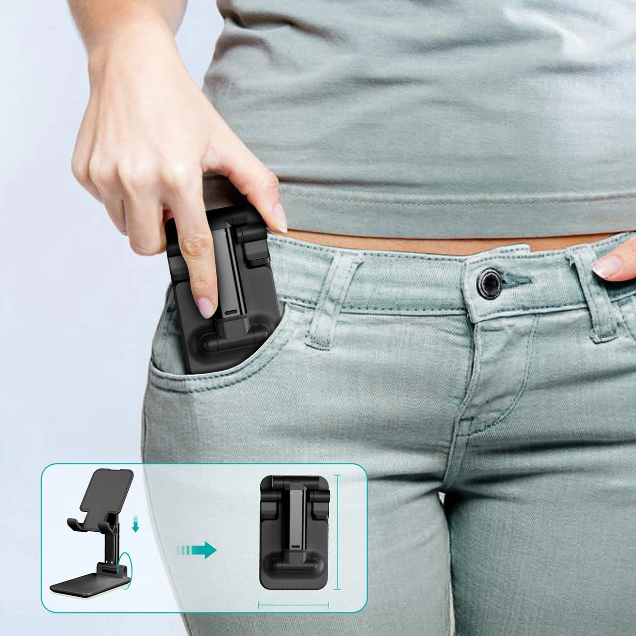 Shot of a woman putting the Choetech H8-BK stand into her pocket