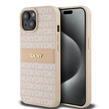 DKNY Lederhülle mit Monostreifen und Metalllogo für iPhone 15 / 14 / 13 – Rosa