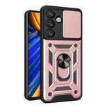 Hybrid Armor Camshield-Hülle mit Kameraabdeckung und Metallring für Samsung Galaxy S25 – Pink