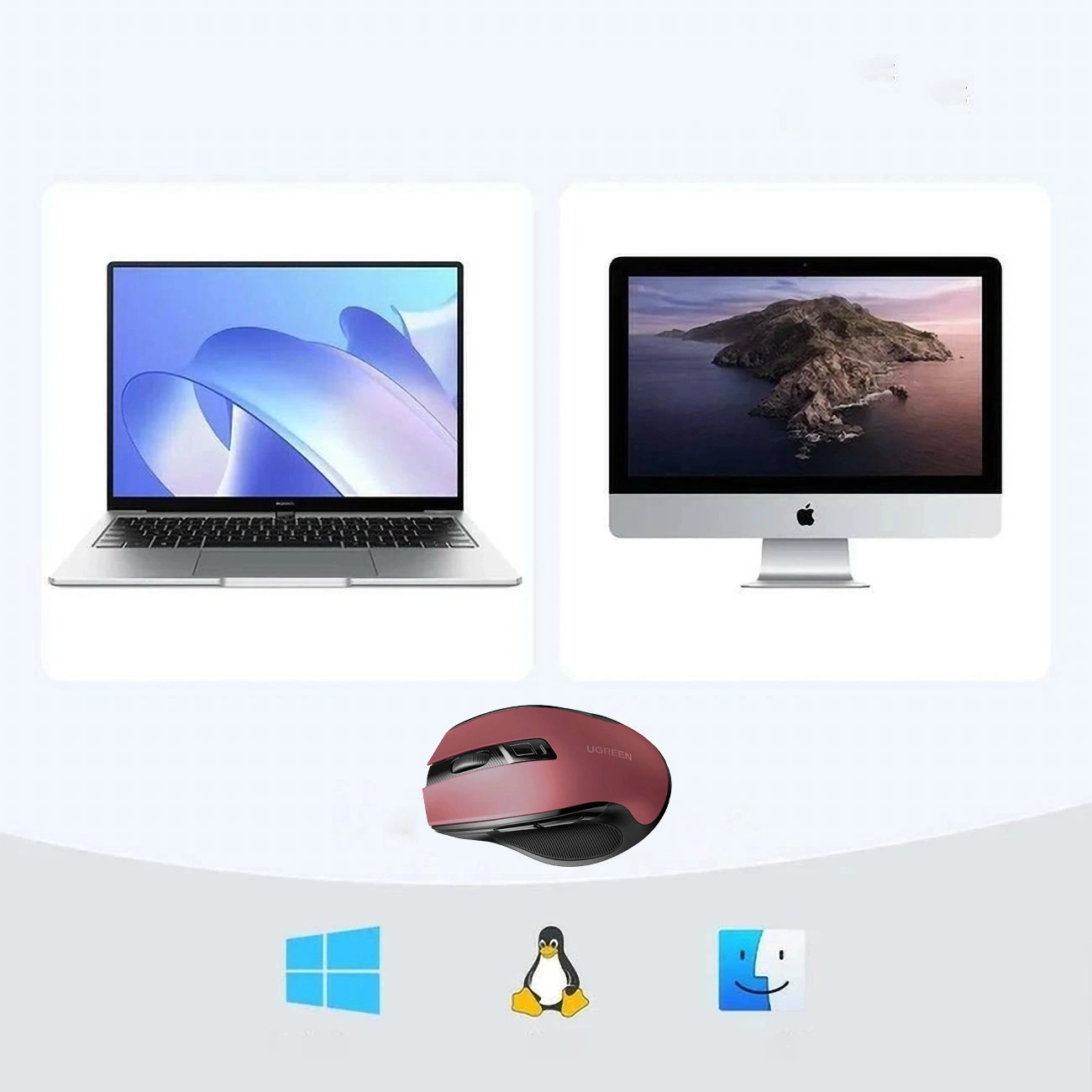 Bezprzewodowa mysz optyczna Ugreen MU006 oraz logotypy systemów operacyjnych: Windows, Linux, MacOS