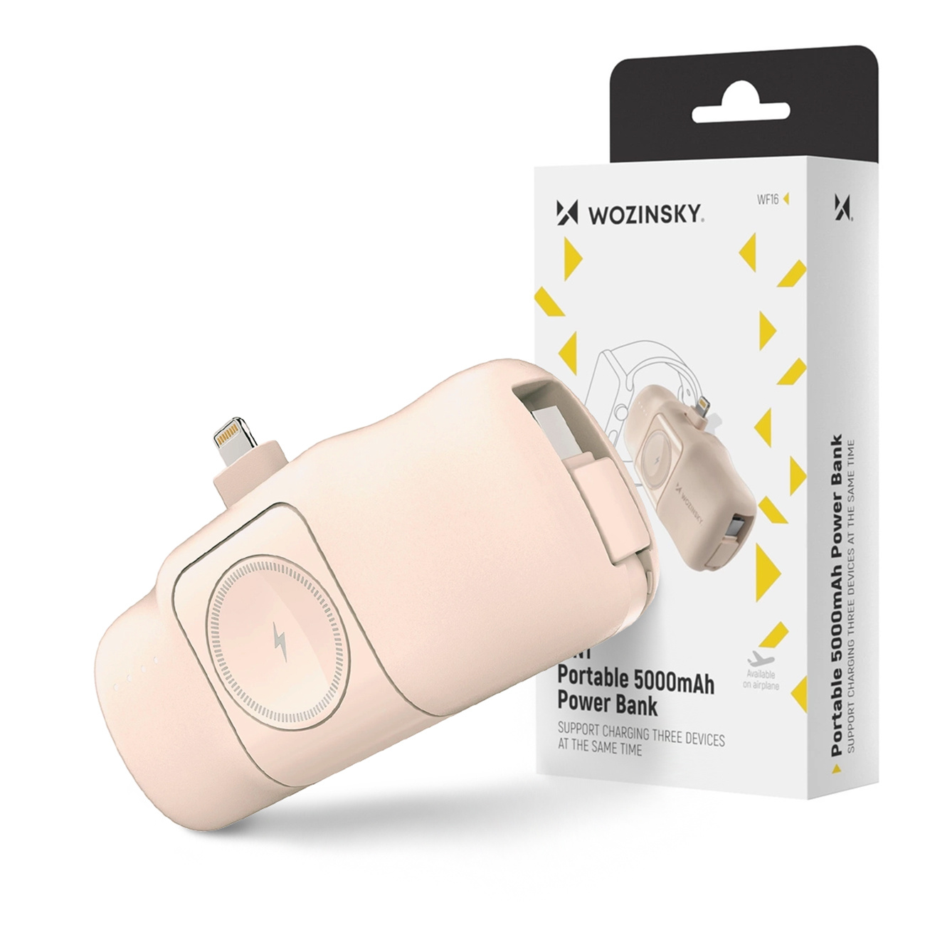 Mini powerbank YLS 5000mAh 15W Lightning z wbudowanym kablem i ładowarką do Apple Watch - beżowy