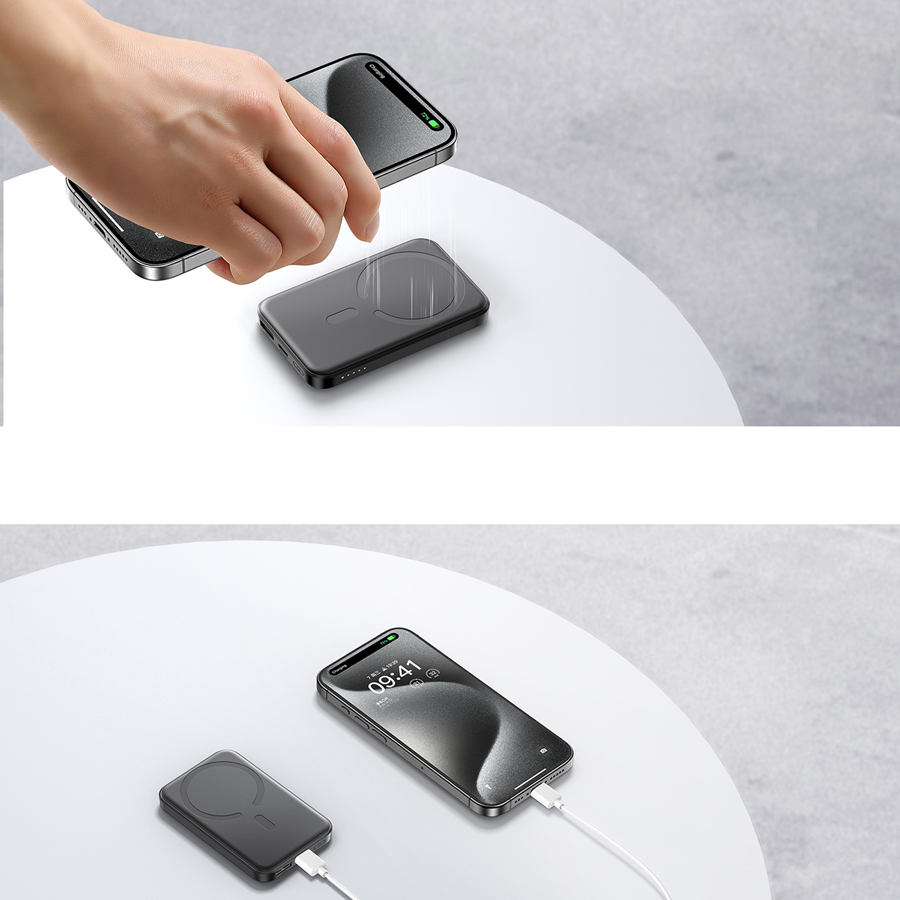 A hand putting the iPhone on the Joyroom JR-W020 Mini inductive power bank lying on the