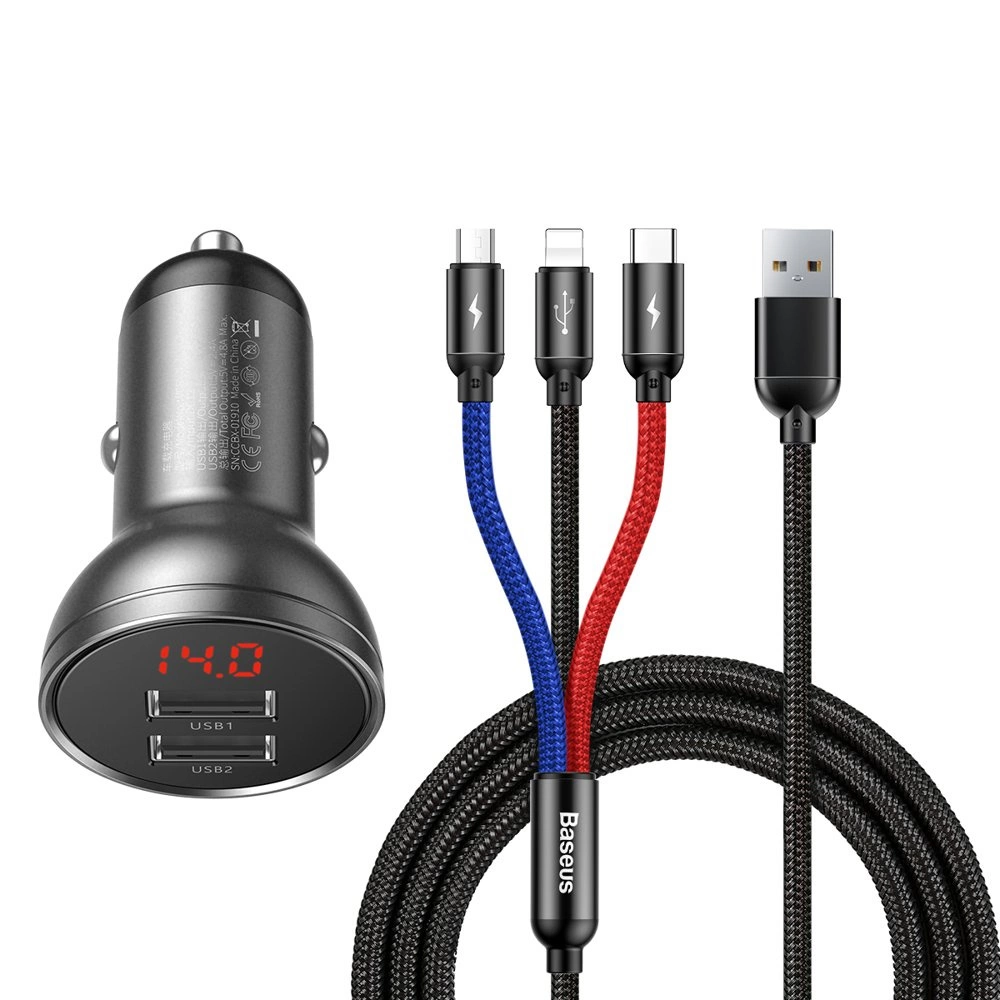 Baseus 2x USB 24W car charger with LCD 3in1 cable USB USB