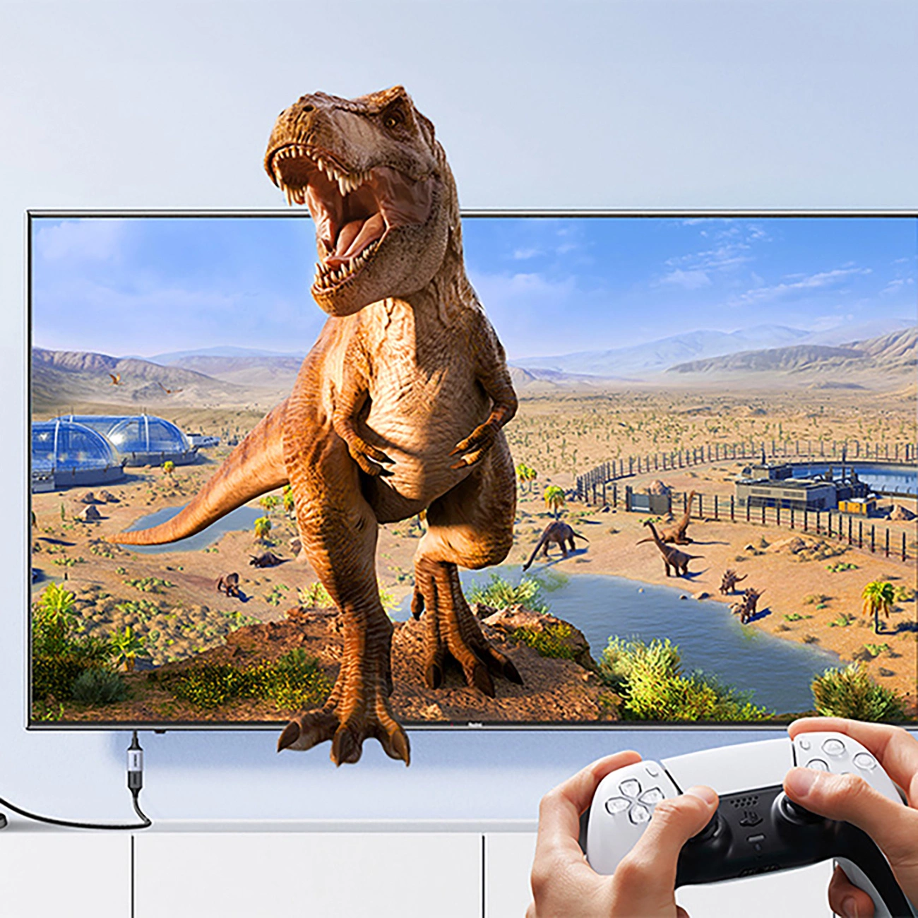 A dinosaur extending beyond the edges of the TV to show 3D support