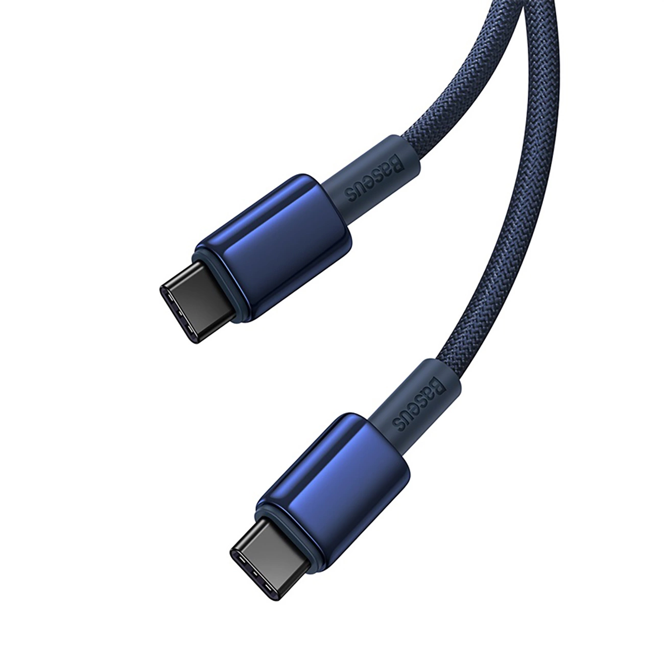 Baseus Tungsten Gold-Kabel mit USB-C/USB-C-Anschlüssen mit einer Leistung von bis zu 100 W und einer Länge von 2 m auf weißem Hintergrund