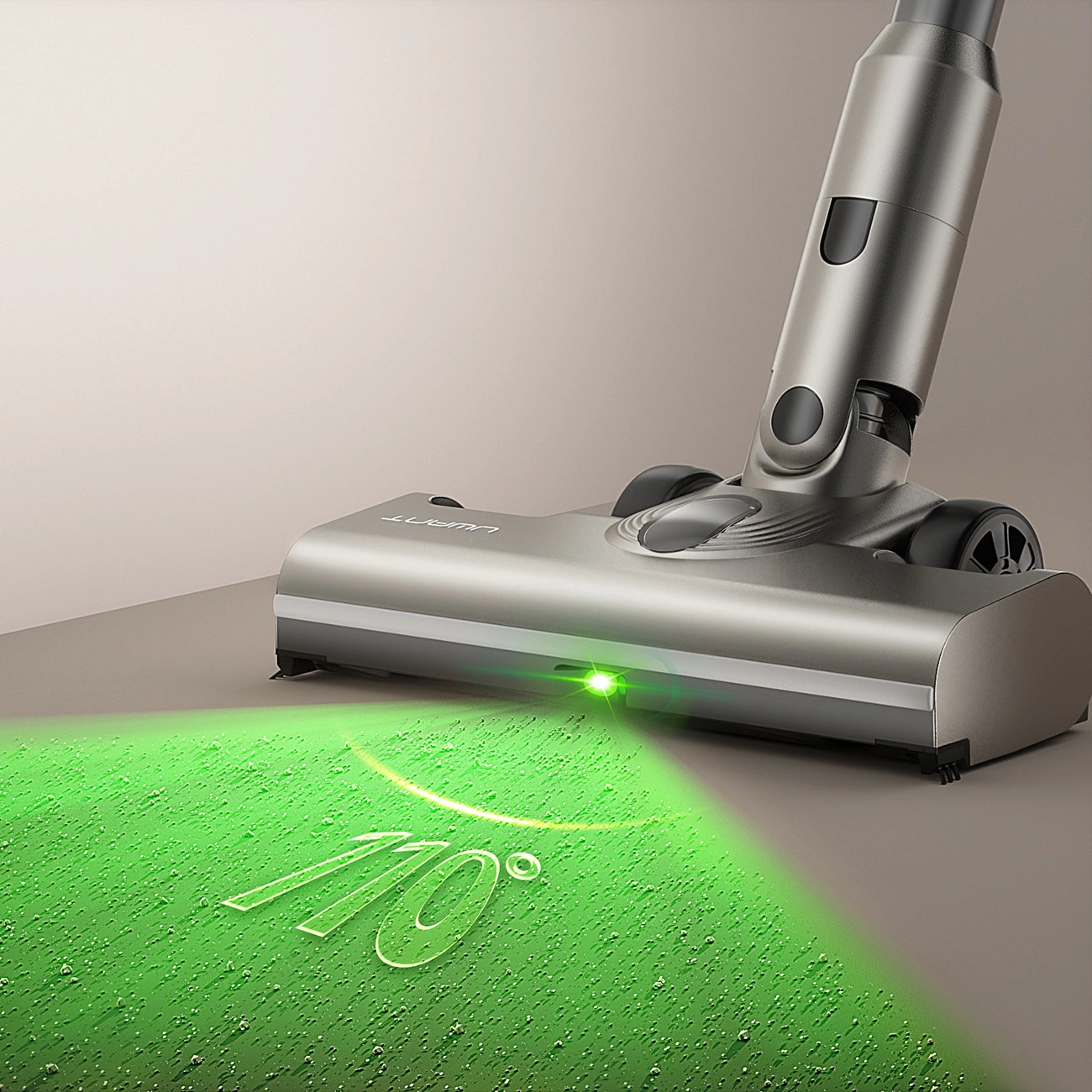 Illustration of the UWANT V600 vacuum cleaner brush with a visible green LED that clearly highlights crumbs and dust on the floor.