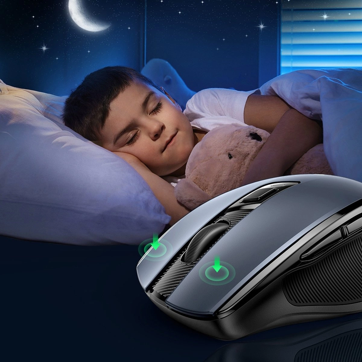 In the foreground, the Ugreen MU006 wireless optical mouse, in the background, a sleeping boy