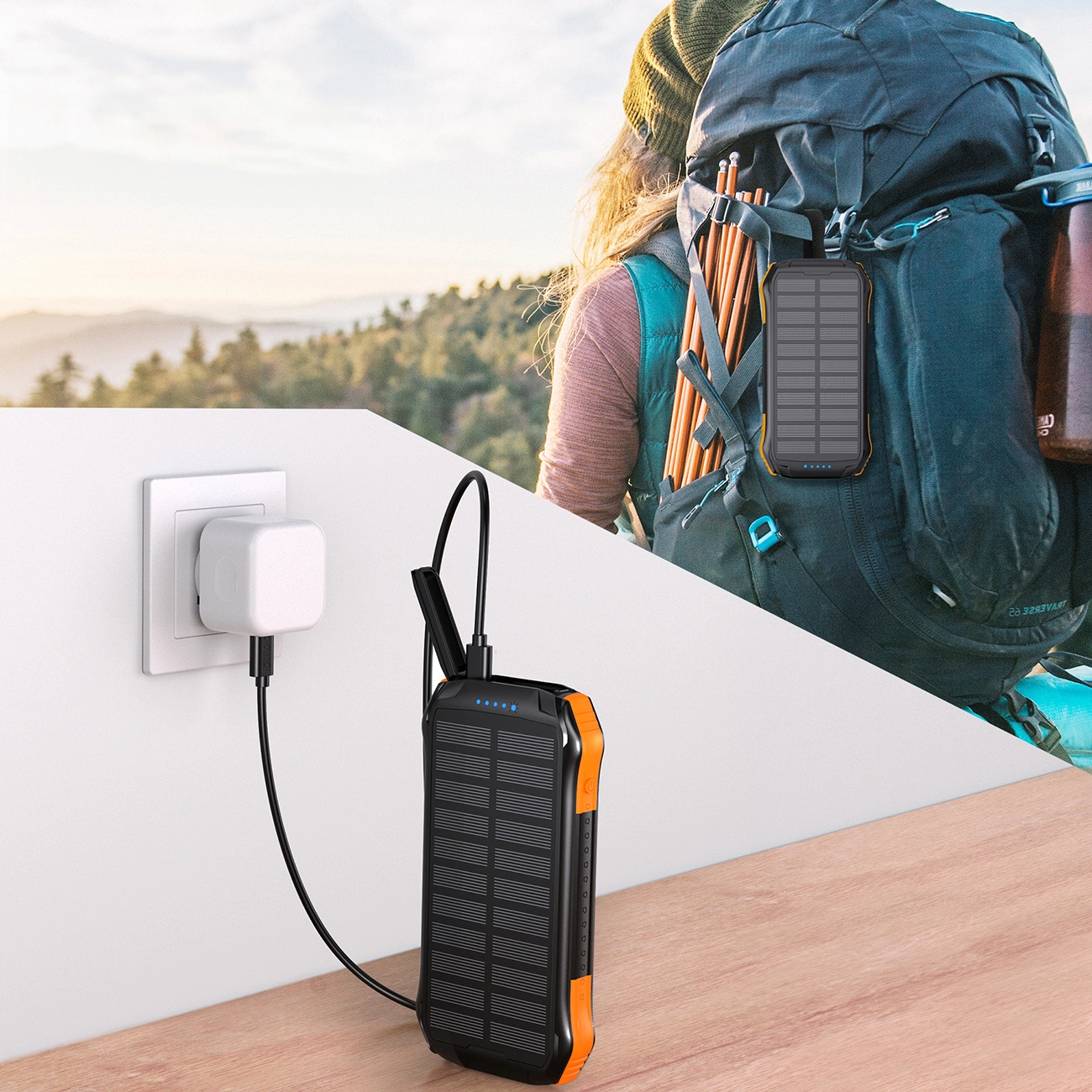 The woman is carrying a backpack with a Choetech B658 solar power bank attached