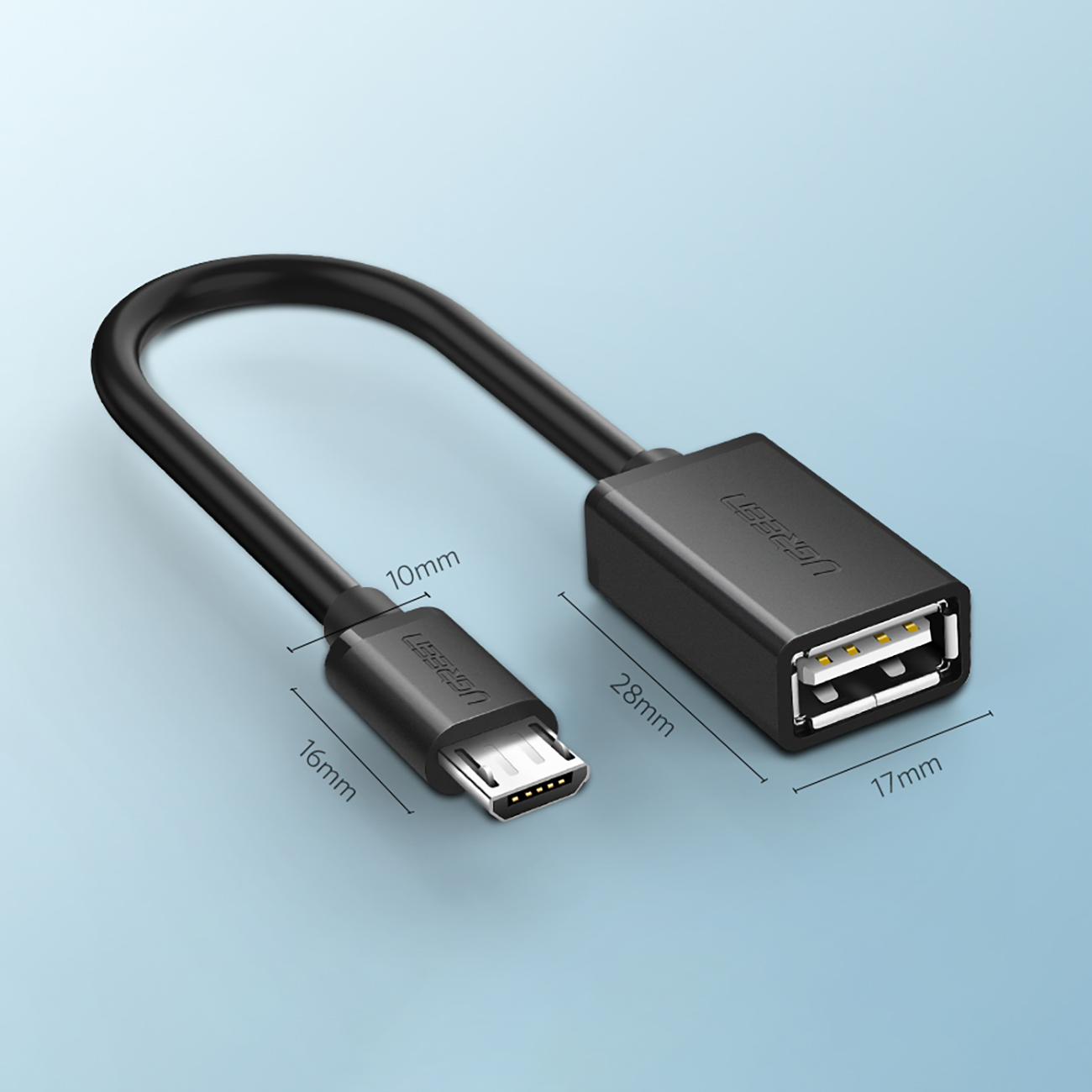 Grafika przedstawiająca wymiary kabla Ugreen US133 10396 ze złączem micro USB (męski) i portem USB-A (żeński) z funkcją OTG o długości 15 cm