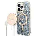 Set Guess GUBPP14LH4EACSB Hülle + Ladegerät iPhone 14 Pro 6,1" Blau/Blau Hartschale 4G Print MagSafe