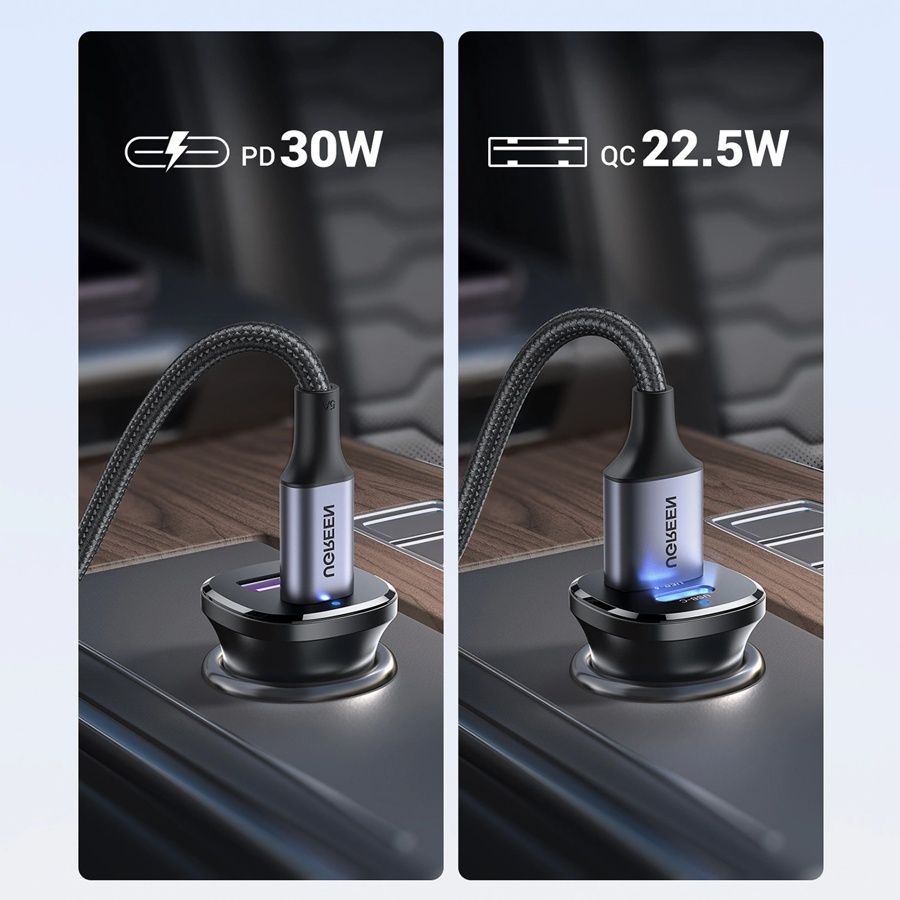 Two shots of the Ugreen EC305 car charger with two cables connected